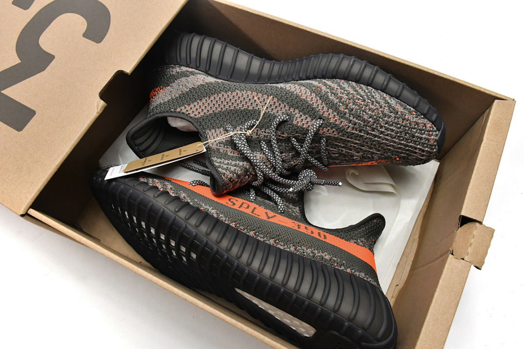 adidas Yeezy Boost 350 V2 Green Grey HQ7045 Women's Men's Orange Stripe Sneakers